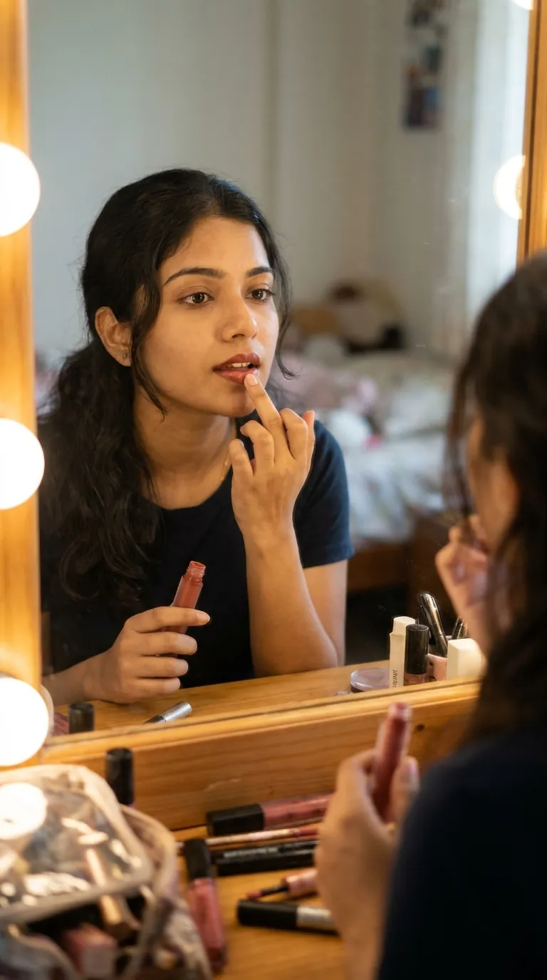 Example UGC: lip tint at a vanity mirror